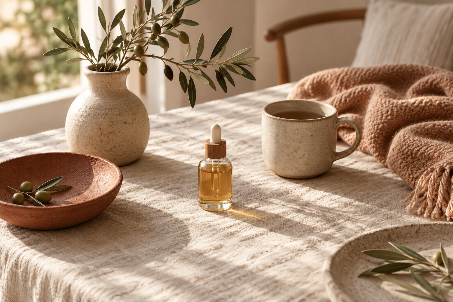 A serene table in sandy tones Calm minimal still life with linen, ceramics and an olive branch